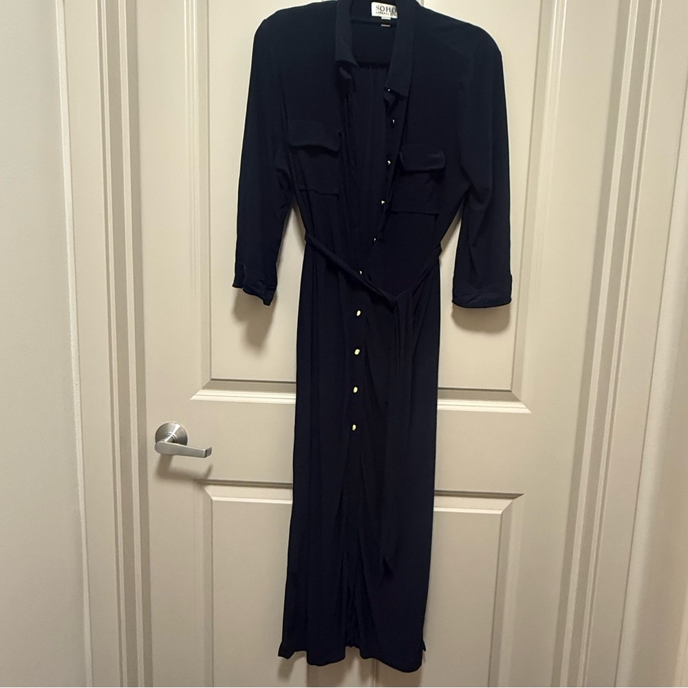 Navy blue belted Long Sleeve Dress